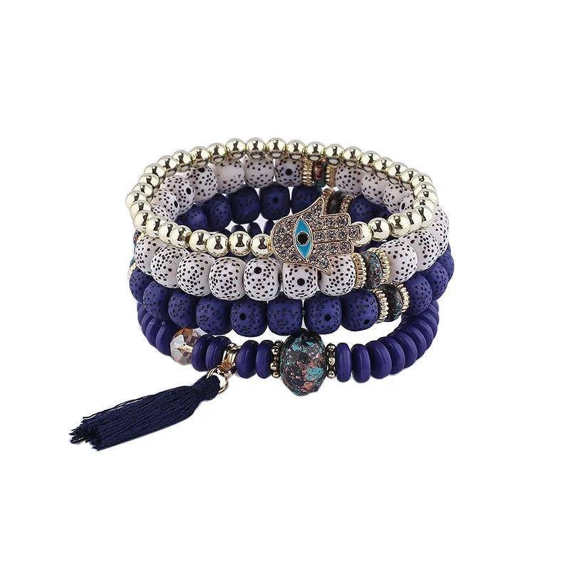 Hemasa  Evil Eye Tassel Bracelet Set For Women  / Stone Beads Chain Bangle Female Bohemian Jewelry Gift