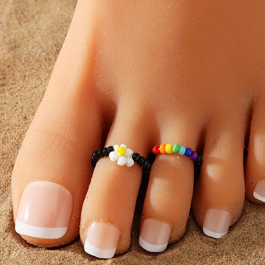 New style footwork Boho Beach Foot Ring Rainbow color Rice beads small flower foot ring set for women