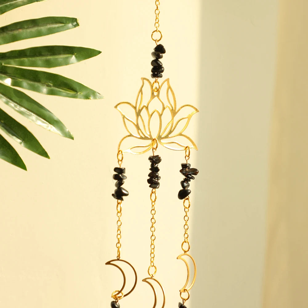 Hemasa Crystal Suncatcher Lotus Moon Black Stone Hanging Window Decor Stained Glass Rainbow Maker Boho Home Decoration