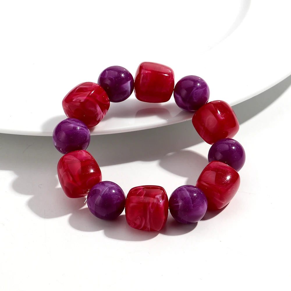 Bohemian Acrylic Geometric Square Round Beads Elastic Bracelets for Women Trendy Resin Beaded Stackable Bracelet Bangle Jewelry