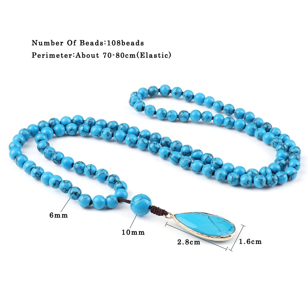 New Simple Pendant Necklaces 108 Mala Natural Blue Pine Stone Beads Meditation Necklaces Handmade Women Bohemia Jewelry Gift 6mm