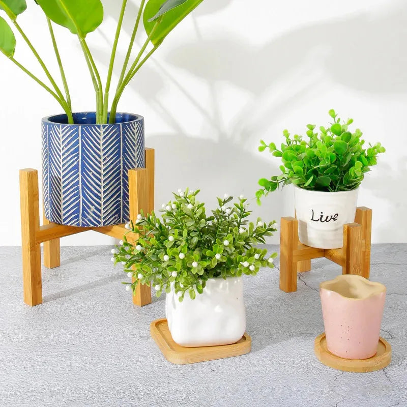 Tejesa Indoor Plant Stands with Planter Pot Tray/ Adjustable Size Fits 8.5 9 10 11 to 12 Inch Pots, Wood Planter Rack, Mid Century Modern Display Rack Rustic Decor Wooden Flower Pot Tray Indoor and Outdoor