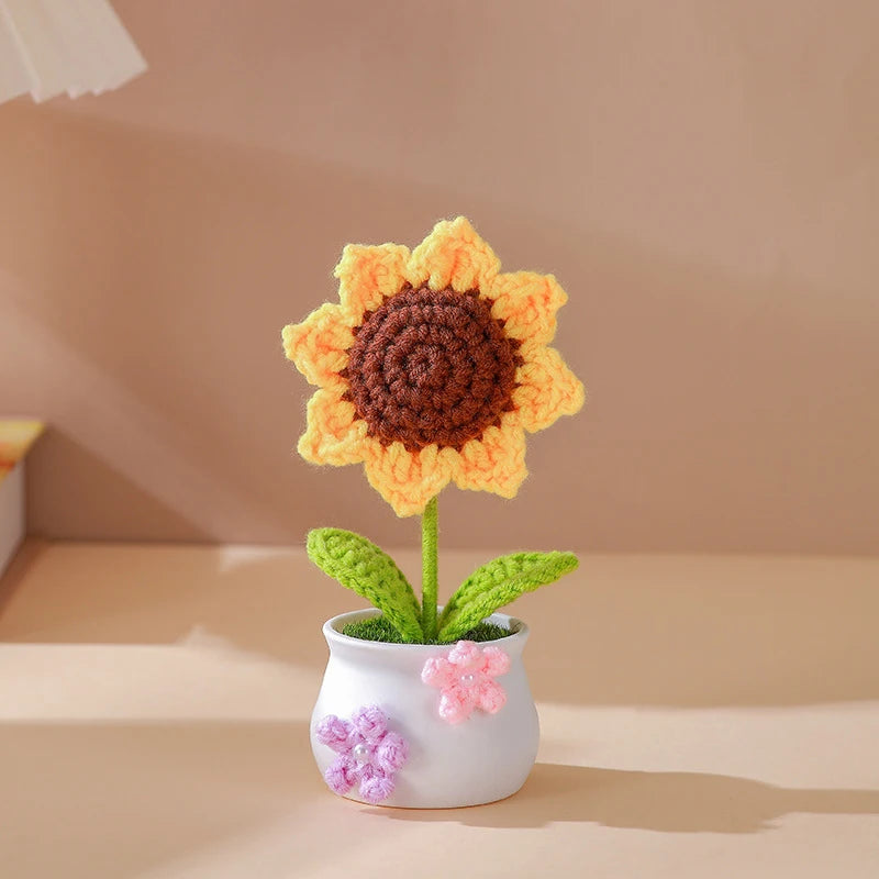 Hemasa Kintted Flower Potted Mini Artificial Flowers/Plant Hand Woven Crochet Tulips Flowers