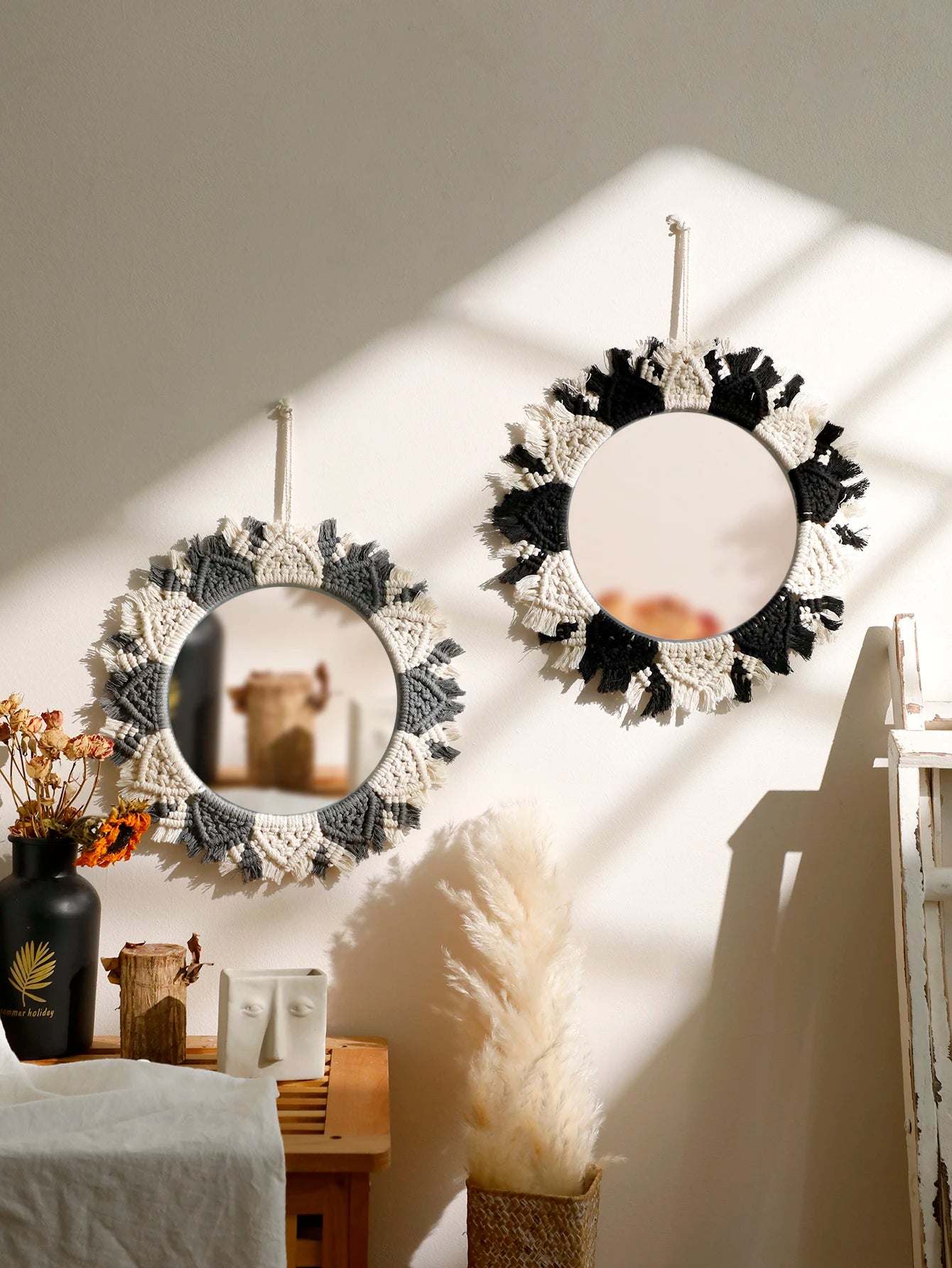 Hemasa Macrame Mirror Black Gray Decorative Mirrors Boho Home Decoration Handmade Wall Decor Bedroom Living Room Decors Aesthetic Gift