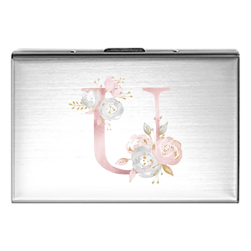 Tejesa Metal Business Card Holder - Slim Pocket Business Card Case for Unisex /Stainless Steel IC Cards /Pink Flower Print Series