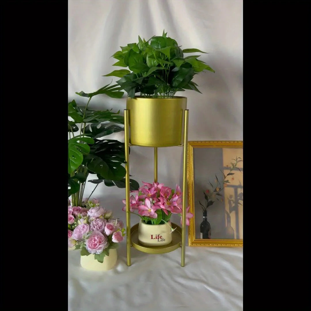Modern Golden Double-Layer Flower Stand, Nordic Style Iron Plant Holder for Indoor & Balcony Decor, Round Metal Shelf for Small