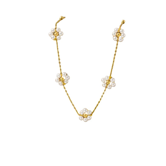 Hemasa Stainless Steel Gold Color Pearl Flower Necklace For Women / Handmade Pearl  Beaded Necklaces Wedding Jewelry