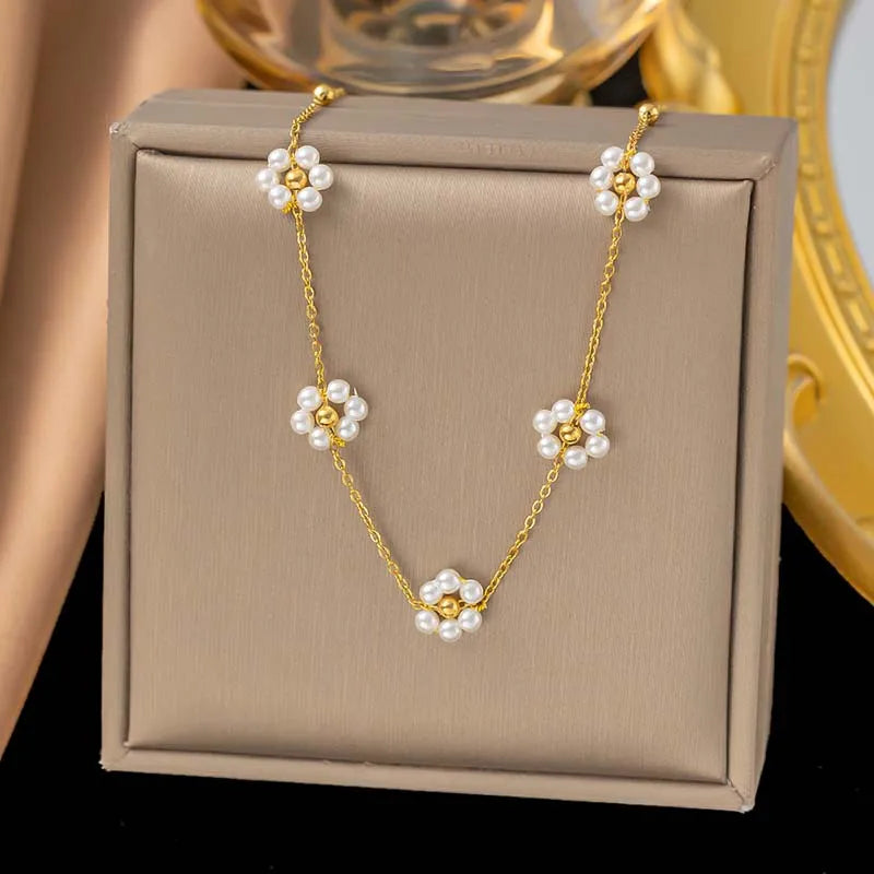 Stainless Steel Gold Color Pearl Flower Necklace For Women Elegant Imitation Pearl Handmade Beaded Necklaces Wedding Jewelry