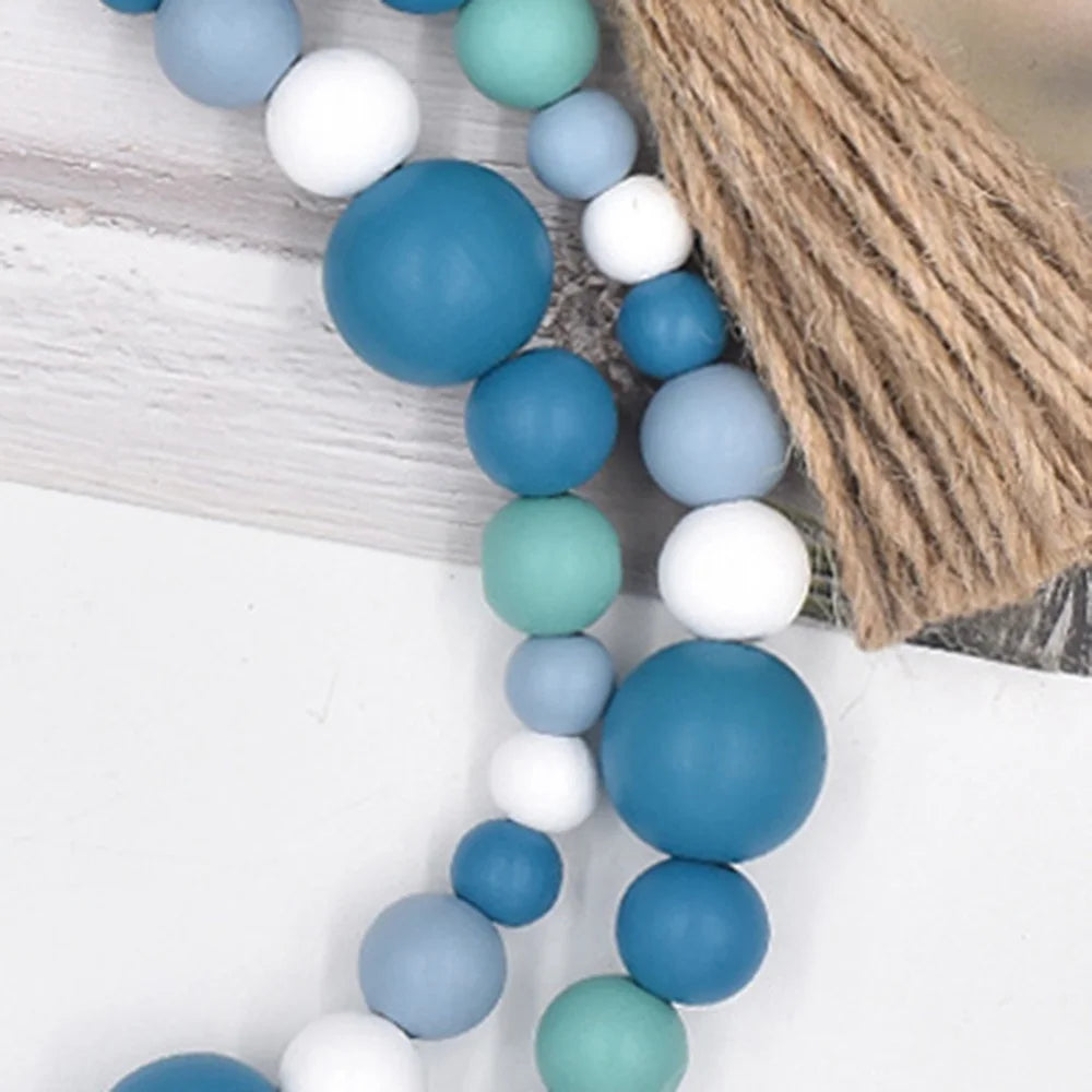 Hemasa Wooden Bead Garland For For Tiered Tray Decor Blue and White Wood Bead Garland With Tassels Country Farmhouse Home Decoration