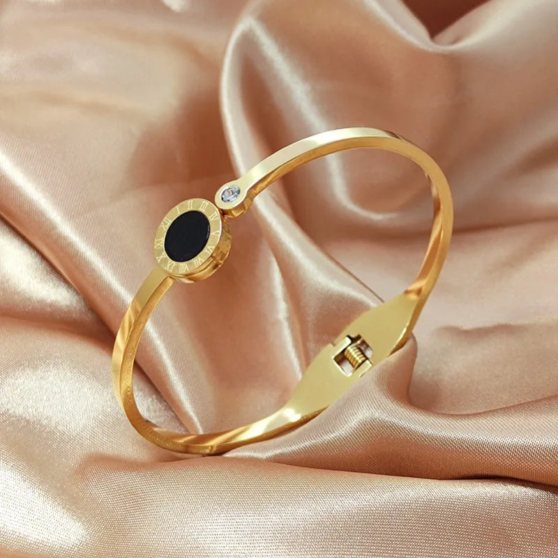 Hemasa Black/Sliver/Golden Shell Bangle For Women Jewelry Crystal Roman Numerals Bracelet & Bangles