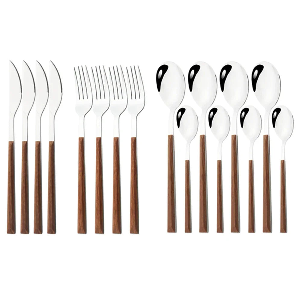 Hemasa 16/24/30Pcs Stainless Steel  Wooden Handle Cutlery Set Dinnerware Clamp Western Tableware Knife Fork Tea Spoon