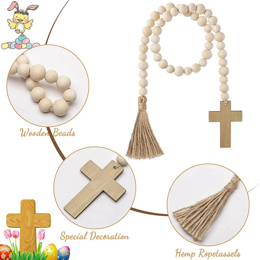Wood Bead Garlands With Cross Farmhouse Natural Wood Beads Garland Decor For Tiered Tray Rustic Christmas Ornaments