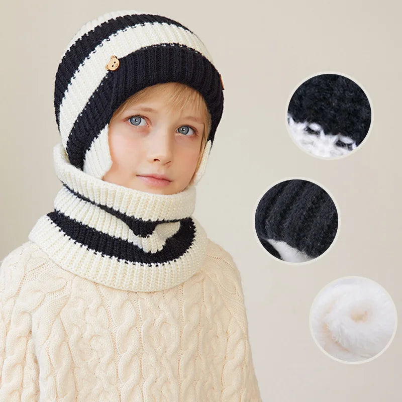 2Pcs Winter Children Hat Scarf Set Simple Striped Knitted Beanie Outdoor Skiing Kids Hat Boy Girl Ear Protection Pullover Bonnet