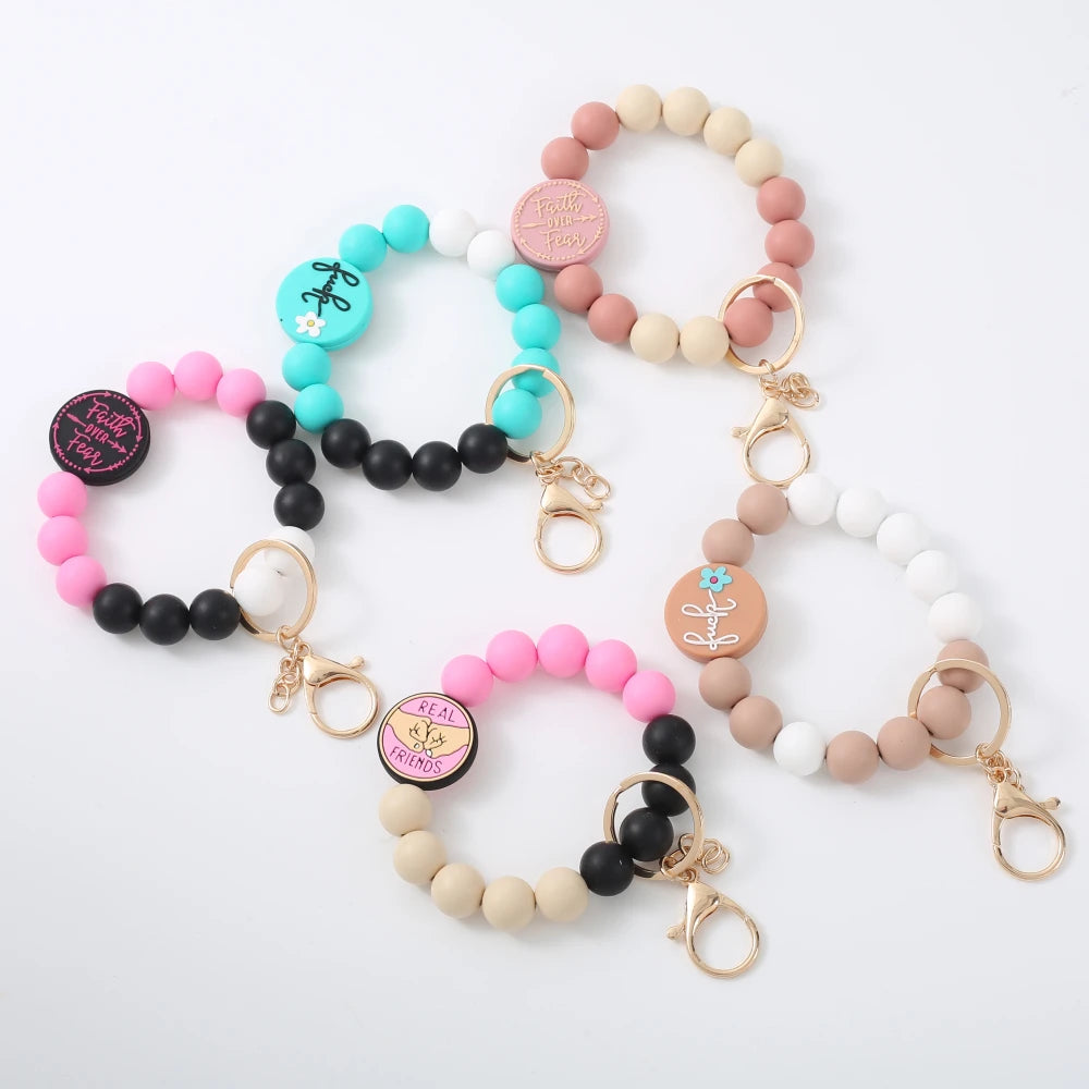 Fashion Bracelet Keychain Colorful Silicone Beaded Keyring Women Girl Car Bag Key Accessory Pendant Valentine's Day Jewelry Gift