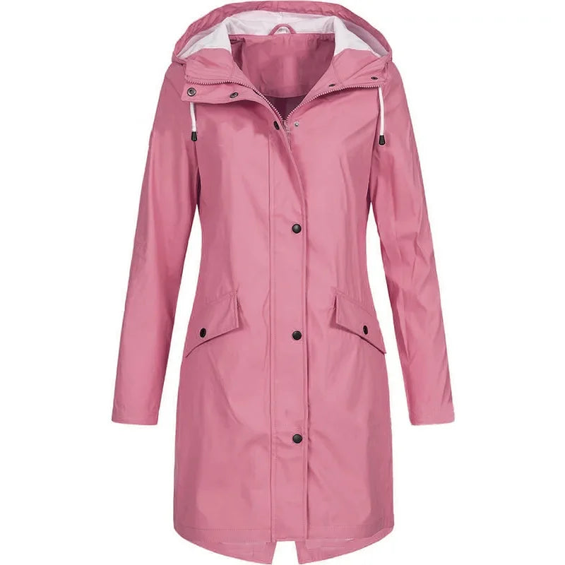 2024 New Arrival Women Clothes Solid Rain Waterproof Jacket Coat Outdoor Hoodie Long Overcoat Plus Size Duster Coats For Women