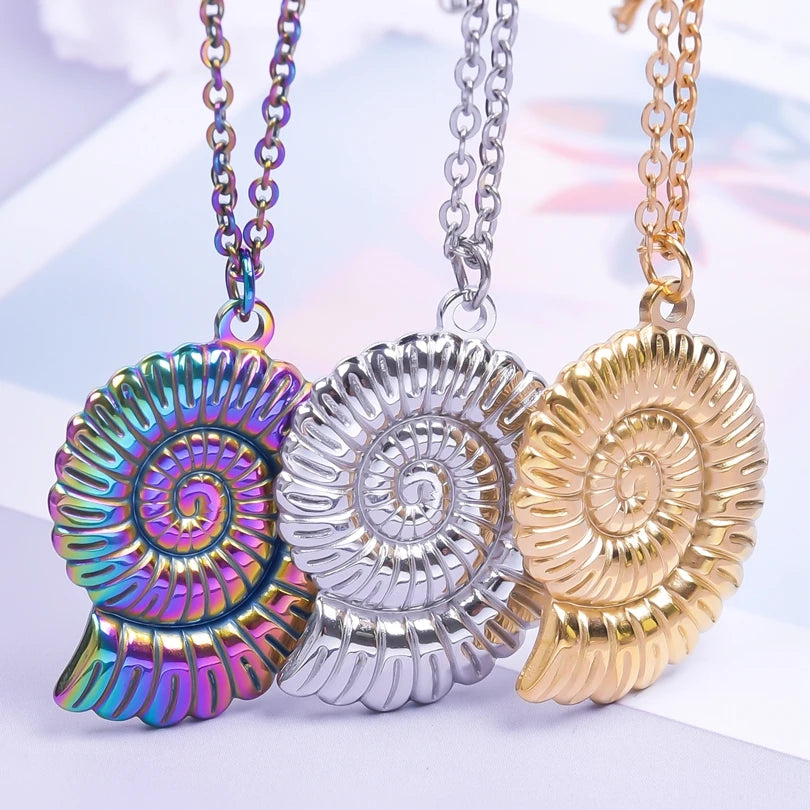 Fashion Conch Round Coil Thread Necklace For Women Stainless Steel Pendant Trendy Rainbow Collar Long Chain Choker  Jewelry