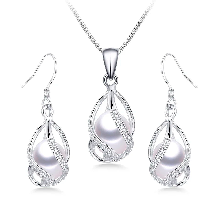 YWYC 8-9mm Natural Freshwater Pearl In Cage Pendant Necklace Drop Earrings & Pendant Jewelry Set for Women