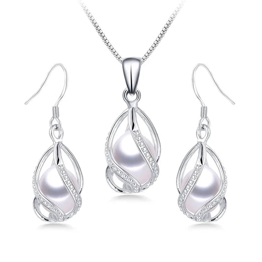 YWYC 8-9mm Natural Freshwater Pearl In Cage Pendant Necklace Drop Earrings & Pendant Jewelry Set for Women