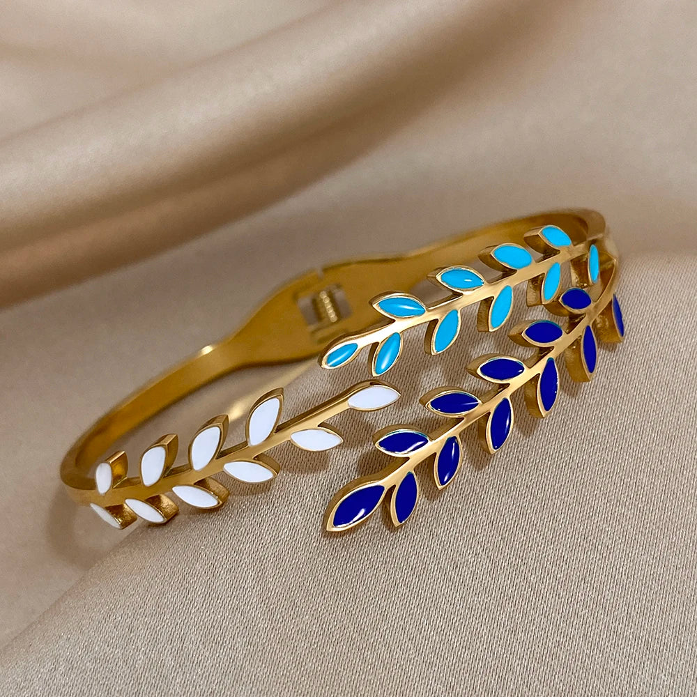 Fashion Colorful Enamel Leaves Bracelet Bangle for Women Charm 316L Stainless Steel Gold Color Bracelets Waterproof Jewelry