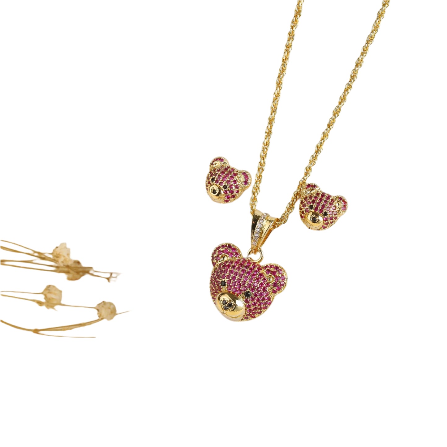 Hemasa  Gold Colour Cubic zirconia bear stud necklace