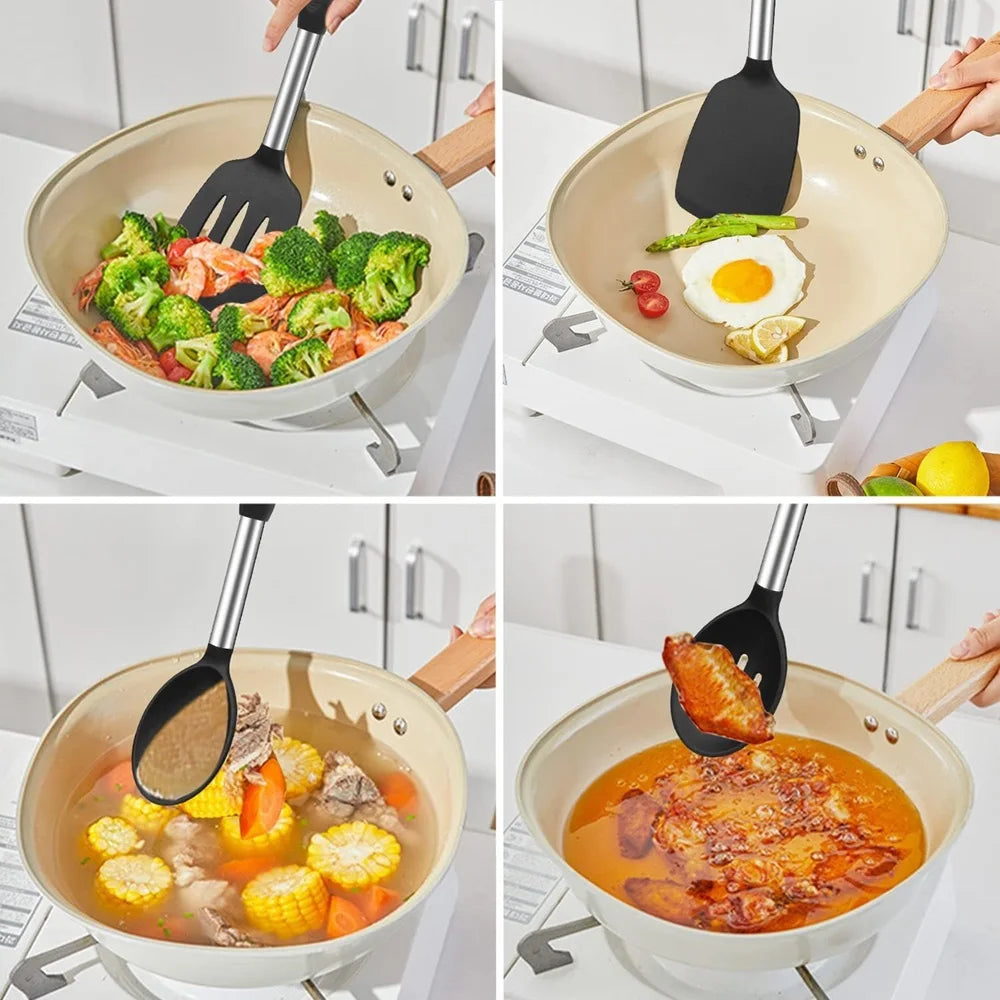 Hemasa 4 PCS Silicone Kitchen Cookware Spatula Colander Cooking Utensils /Stainless Steel Leaky Spatulas