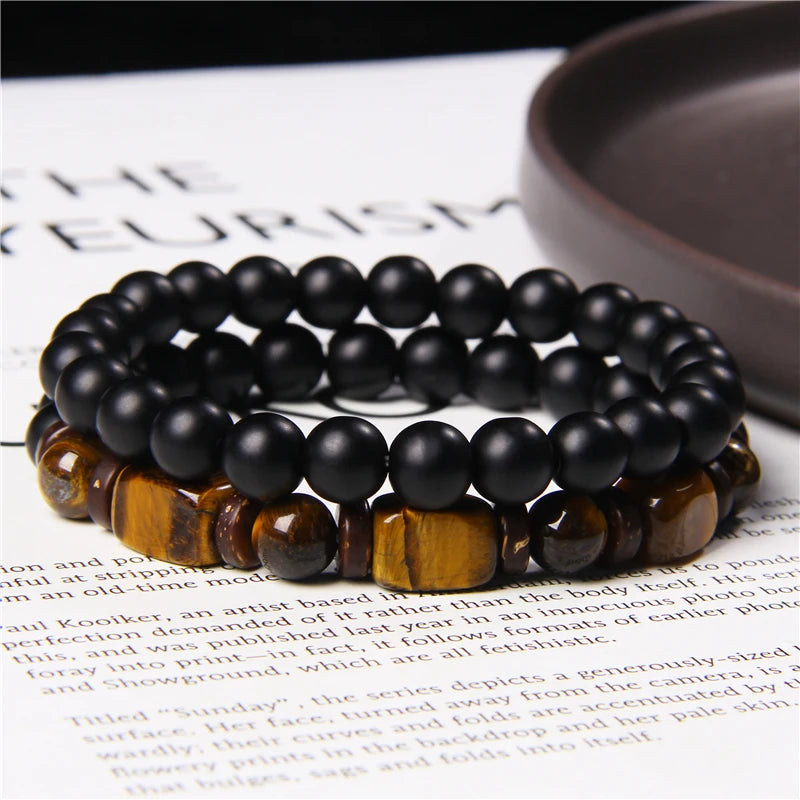 2pcs/set Beaded Bracelet Natural Stone Tiger Eye Hematite Beads Bracelet Men Energy Elastic Rope Bracelet Jewelry Couples Gifts
