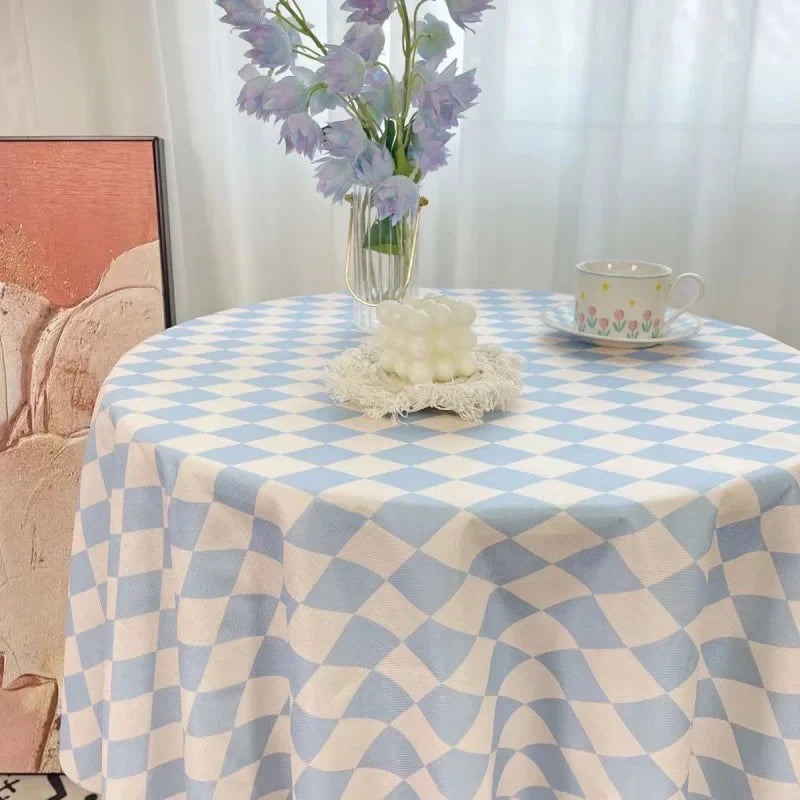 Korean Style Round Lattice Flower Tablecloth Floral Table Cloth for Dining Table Tea Coffee Table Cover Picnic Kitchen Decor