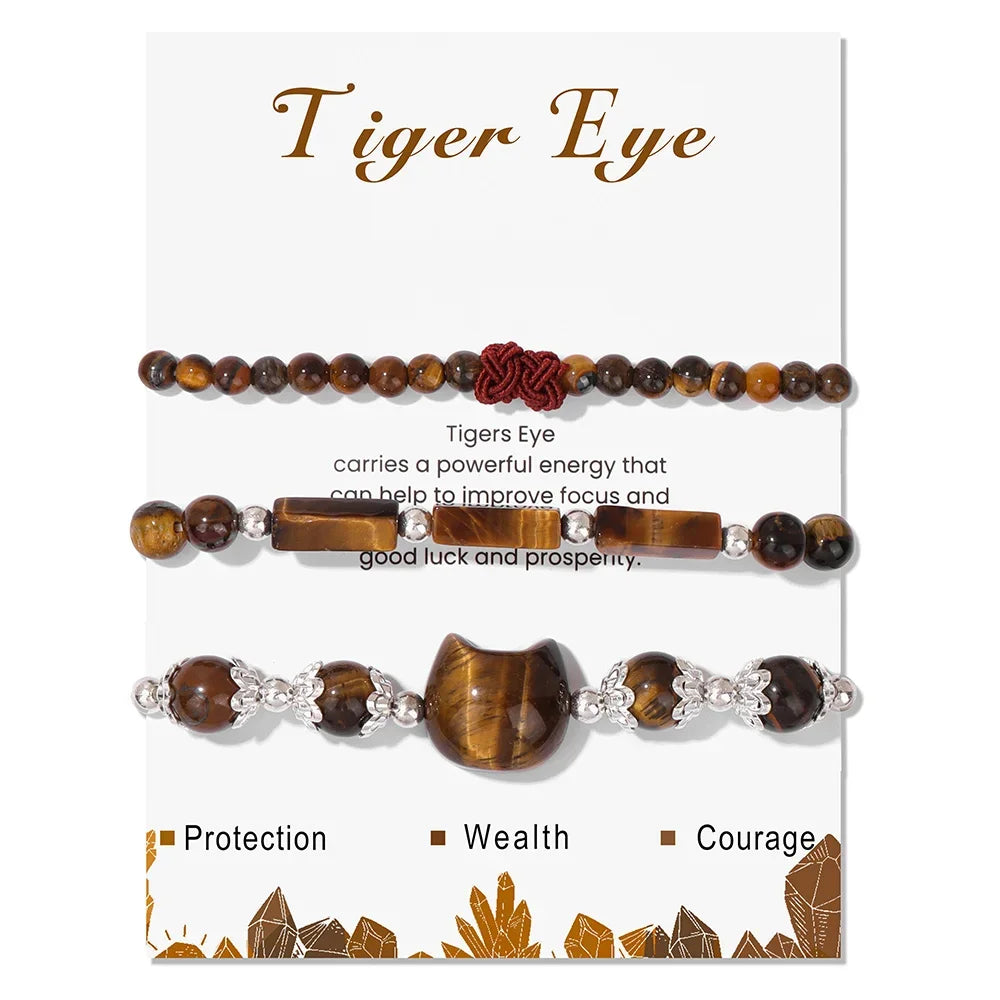 3pcs/set Natural Stone Tiger Eye Turquoises Bracelet Rose Quartzs Crystal Beads Charm Bracelets Cat Head Jewelry for Women Gift