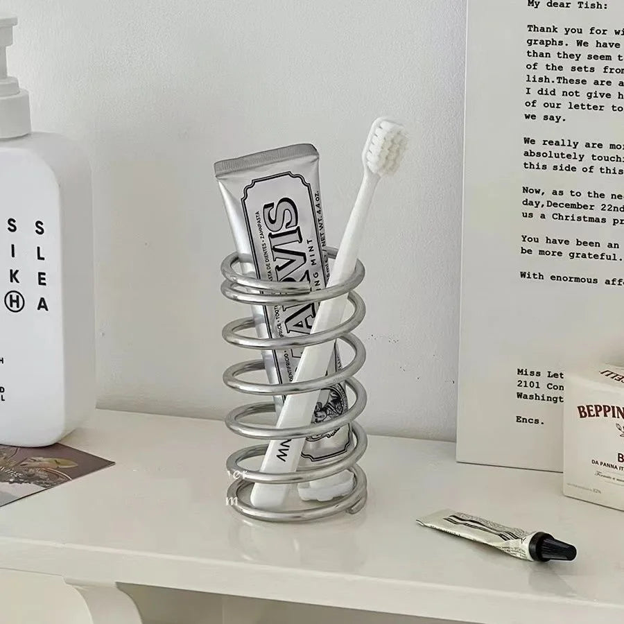Spring Stainless Steel Cylindrical Toothbrush Stand Toothpaste Holder Pen Rack Storage Organizer Kitchen Bathroom Accessories