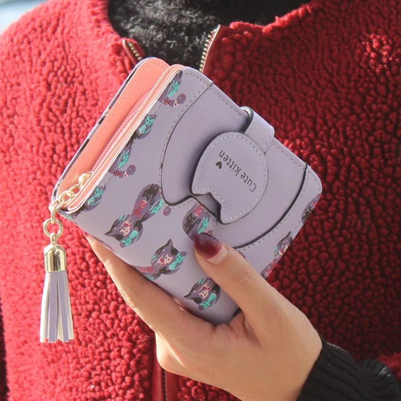 Hemasa  PU Leather Tassel Cartoon Cat  Wallet   for Women /Coin Purse/Card Holder