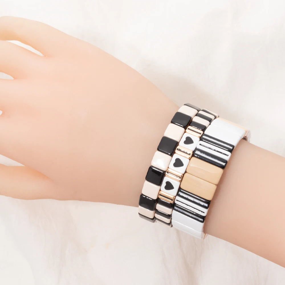 Hemasa Enamel Tile Women Bracelet Set Drip Oil Black&White Series Elastic Heart Bangle