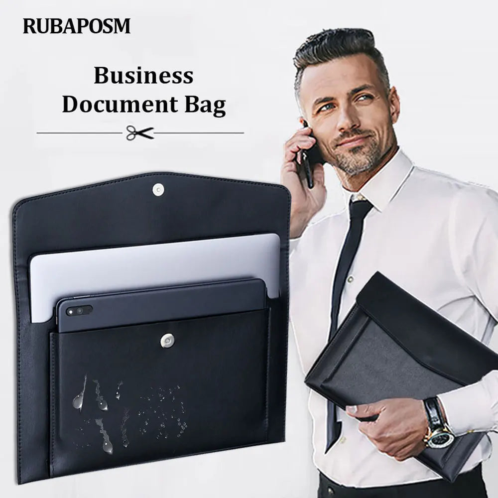 Hemasa A4 Leather File Folder Large Document Bag Business Briefcase Magnetic Button Waterproof Laptop Cases Office Organizer