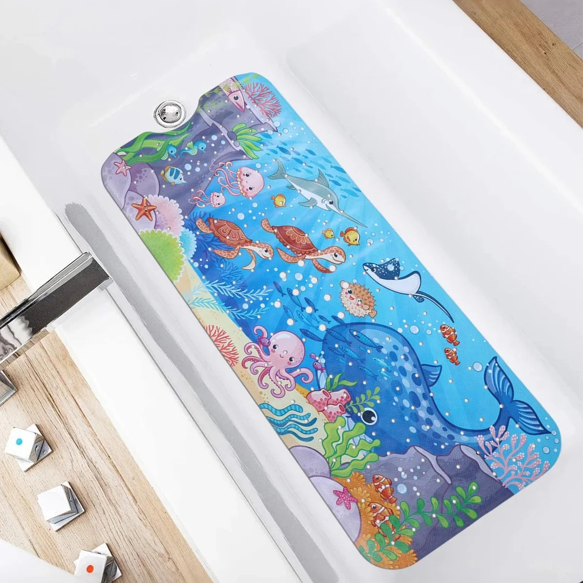 Tejesa 1pc Cartoon Extra Long Bathtub Mat 40x100cm Non Slip Bath Mat for Bathroom Tubs Shower Mats with Suction Cups & Drain Holes