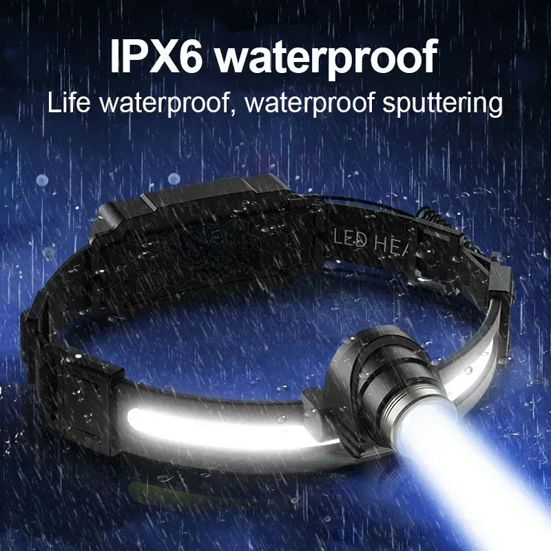 Super Bright XPG+COB Flood Sensing Headlight Type-C Charging Outdoor Zoom Fishing Hiking Lighting Headworn Flashlight