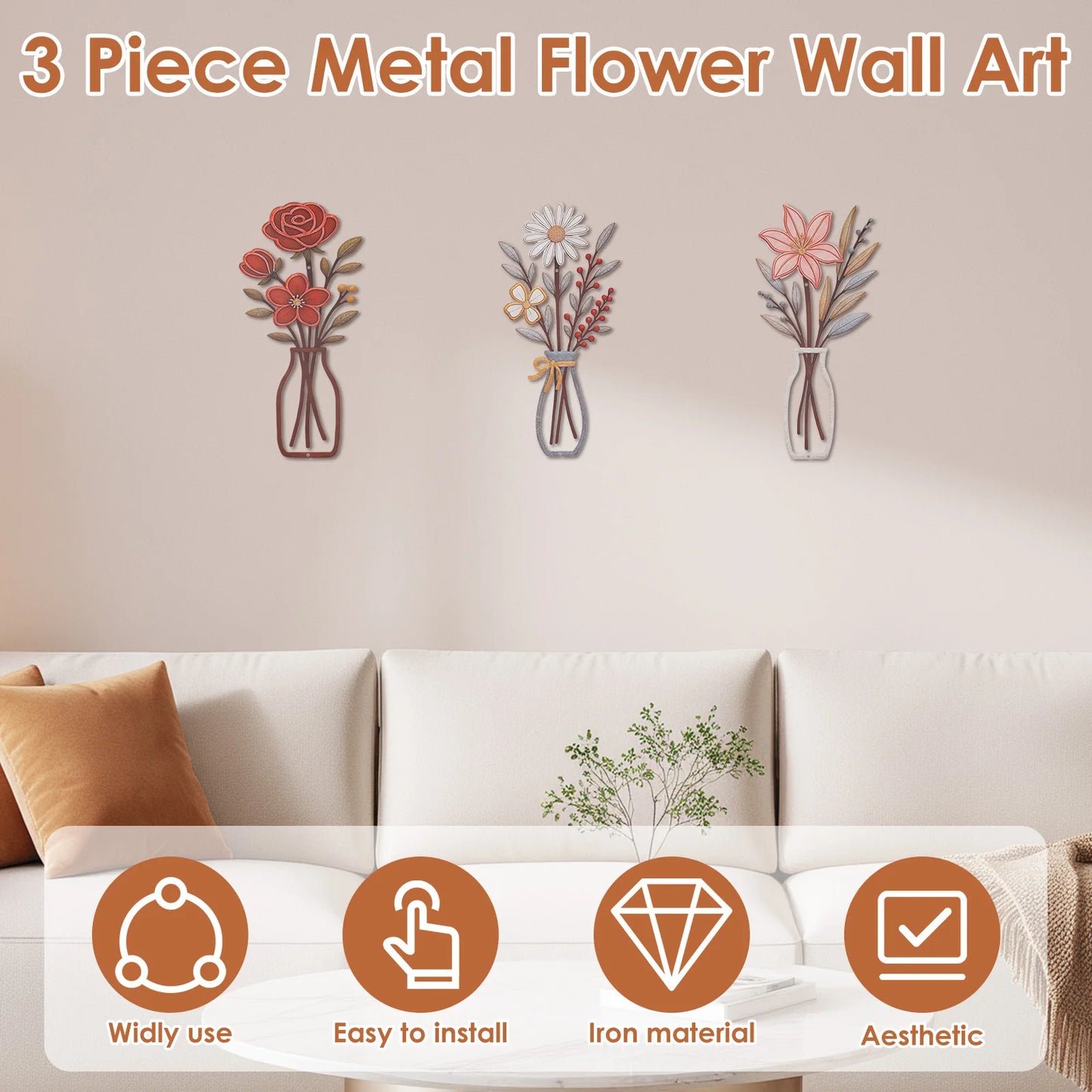 3Pcs Flower Silhouette Painting Wall Decal Decor Metal Flowers Wall Arts Minimalist Rustic Farmhouse Decor Bathroom Wall Decor