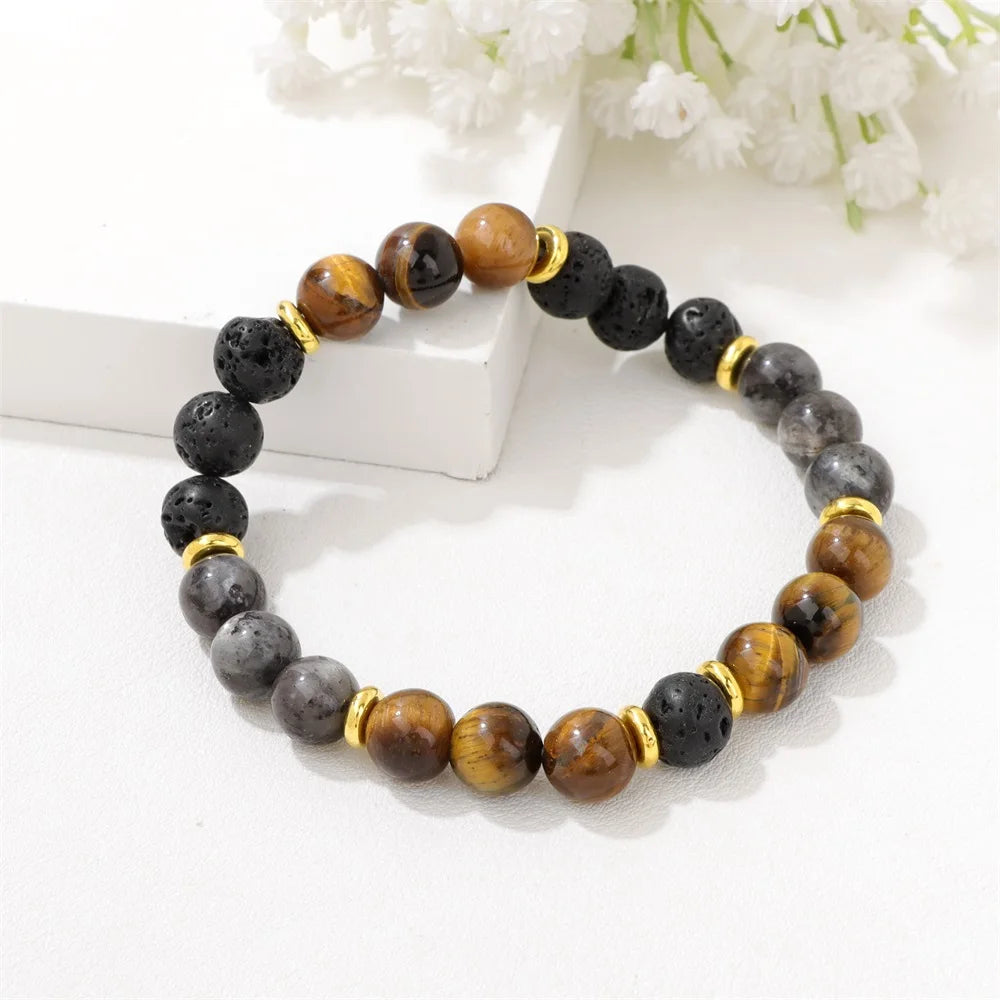 Tejesa Natural Stone Tiger Eye Bracelets For Men Women Lava Black Onyx Labradorite Yoga Elastic Bracelet Good Luck Money Health Jewelry