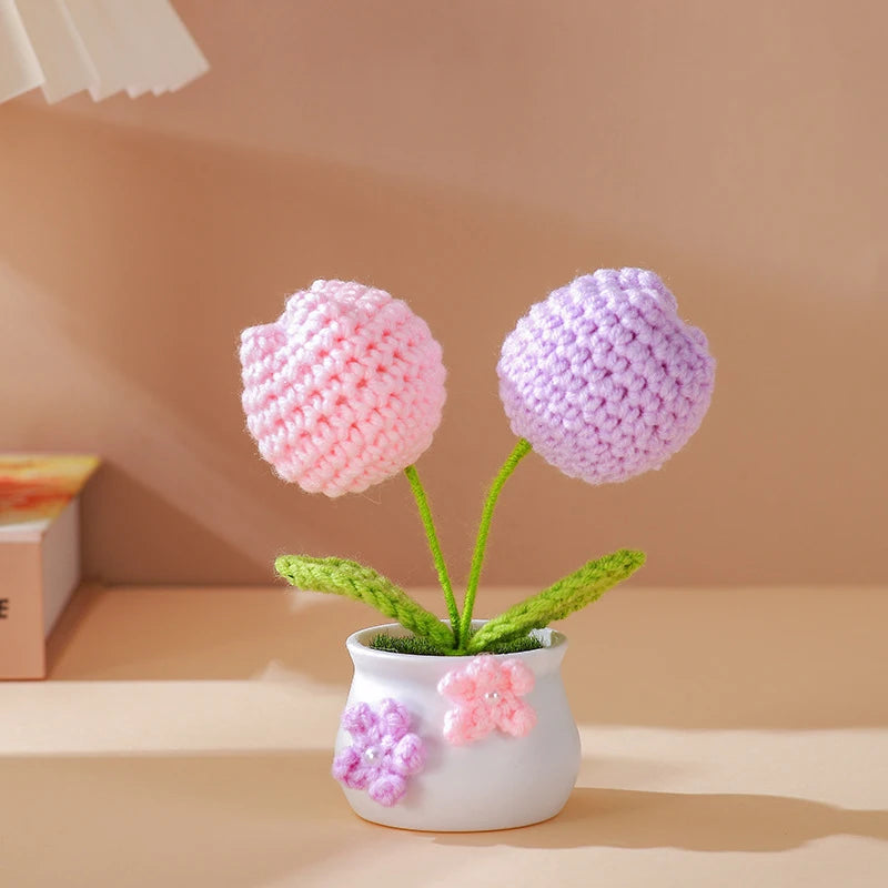 Hemasa Kintted Flower Potted Mini Artificial Flowers/Plant Hand Woven Crochet Tulips Flowers