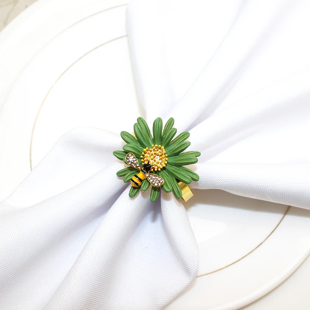 Hemasa 6Pcs Flower Bee Napkin Rings /Metal Daisy Flower Napkin Rings