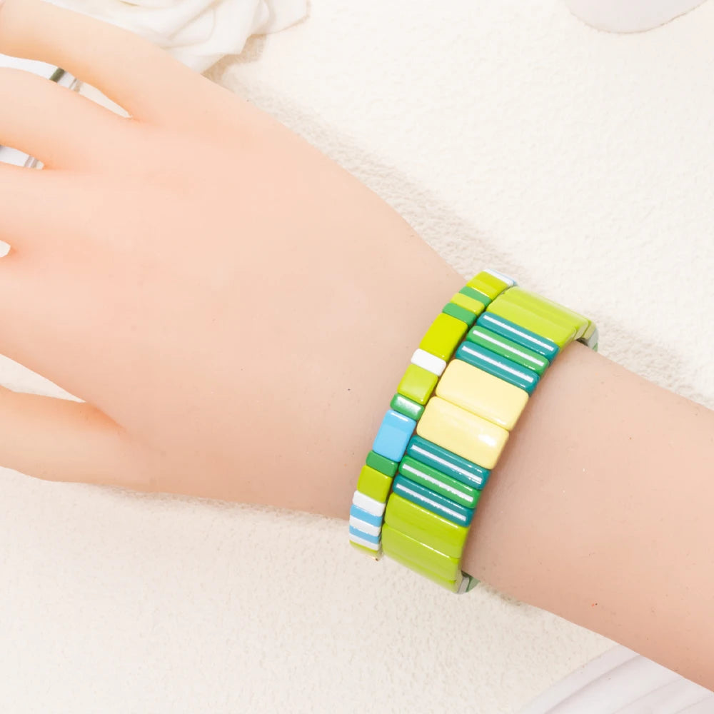 Tejesa Green Blue Color Enamel Boho Beaded Stretchable Bracelet for girls/women