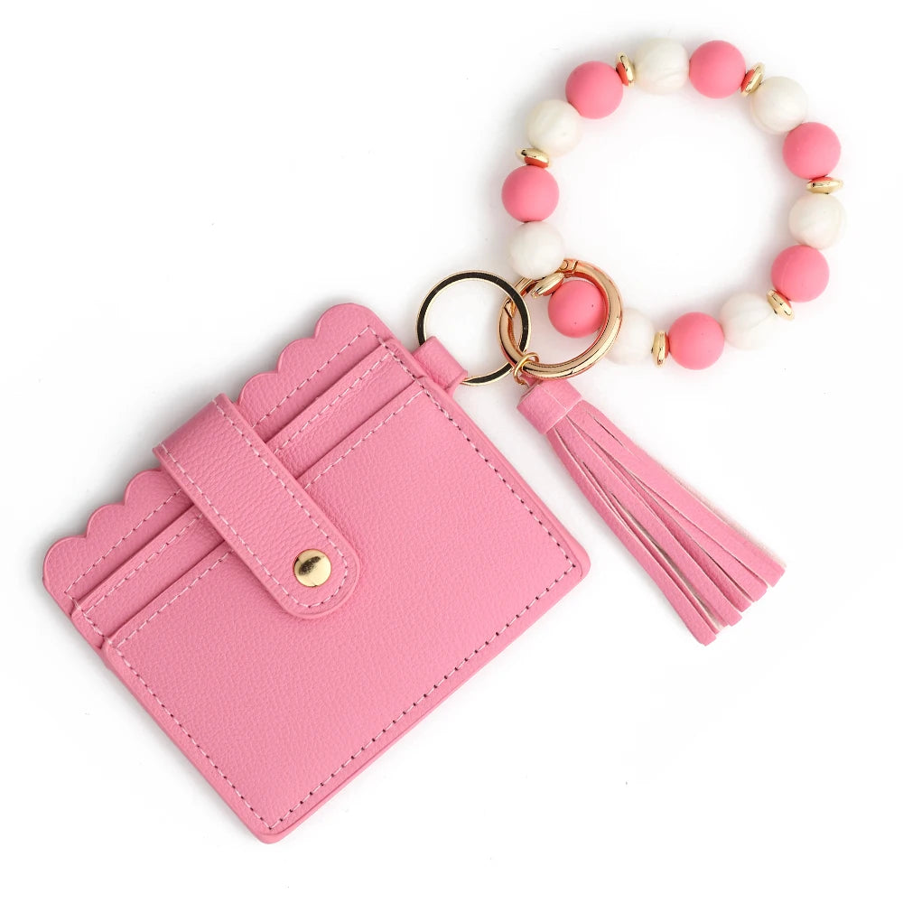 Hemasa Silicone Bead Bracelet  Leather Card Bag Wristlet Keychain Silicone Beaded Bracelet Leather Tassel Wallet Bangle