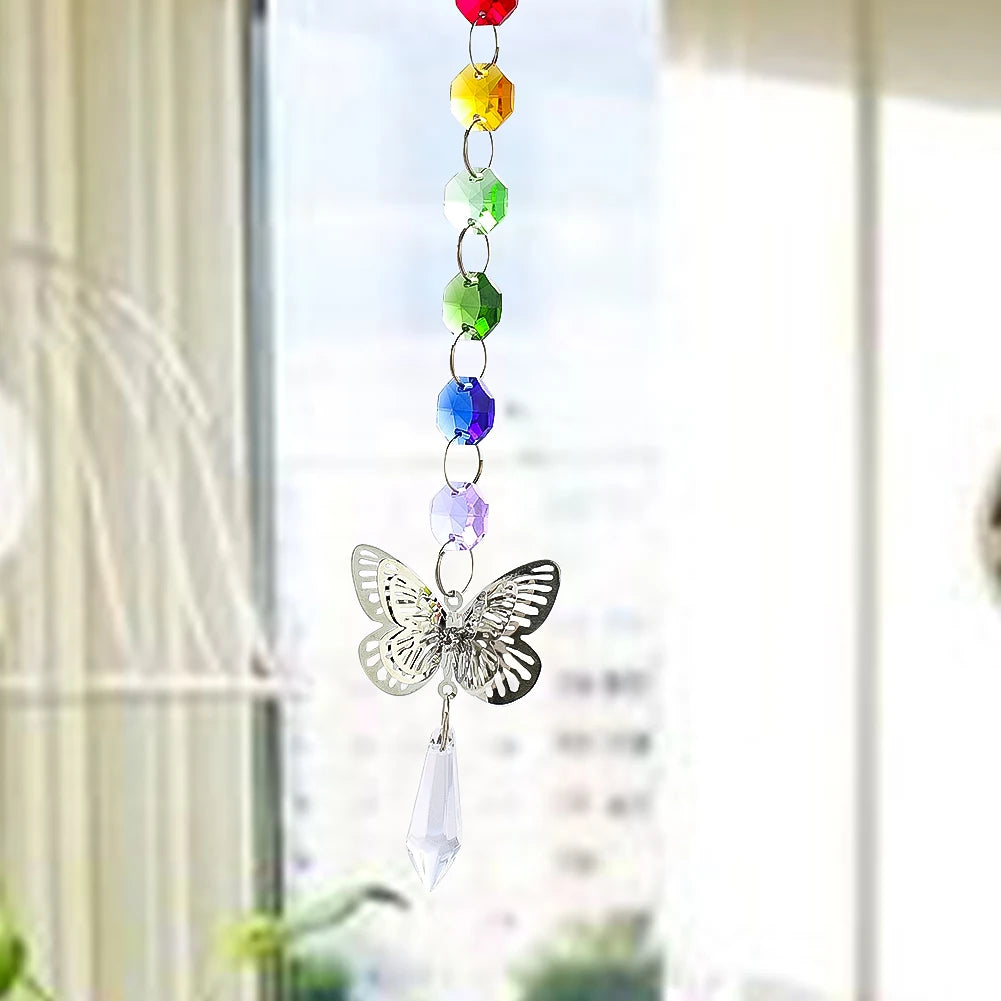 Chakra Suncatcher Butterfly Hanging Rainbow Marker Garland Crystal Icicle Prism Pendulum Light Catcher Bead Chain Strand Decor