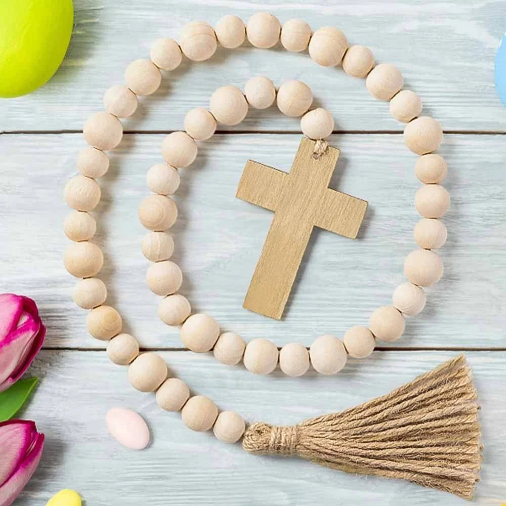 Wood Bead Garlands With Cross Farmhouse Natural Wood Beads Garland Decor For Tiered Tray Rustic Christmas Ornaments
