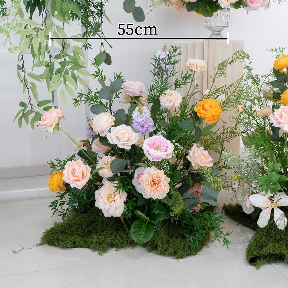 Luxury Champagne Rose Peony Green Leaf Table Runner Floral Event Road Lead Floor Flower Wedding Arch Deco Flower Row Arrangement