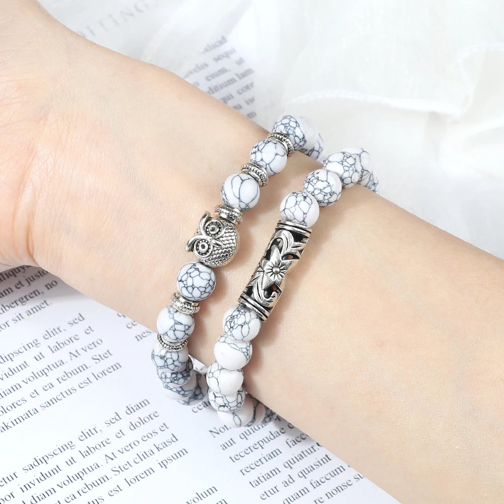 Hemasa Natural Stone Beads Bracelet  /Owl Beads  and  Black Lava Onyx Beads Bracelets