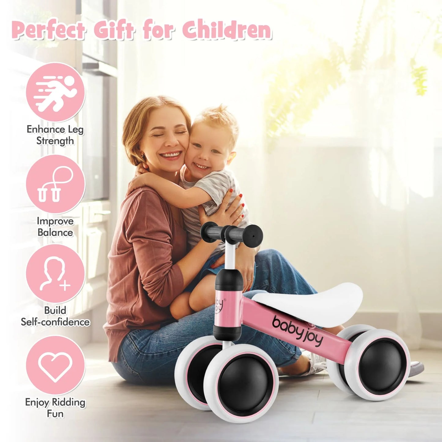 Baby Balance Bike No Pedal Infant 4 Wheels Bicycle-Pink