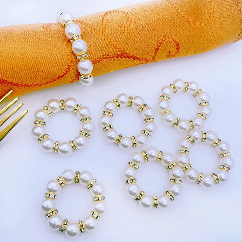 Hemasa 50pcs/lot Golden Napkin Rings/ Elegant Pearl Elastic Pearl Napkin Rings  For Wedding