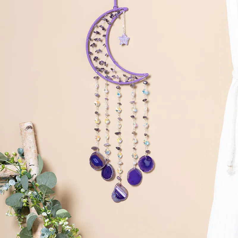 Hemasa Crystal Natural Gemstone Tree of Life Healing Pink Quartz 7 Chakras Grave Agate Stones Reiki Moon Suncatcher Hanging Home Decor