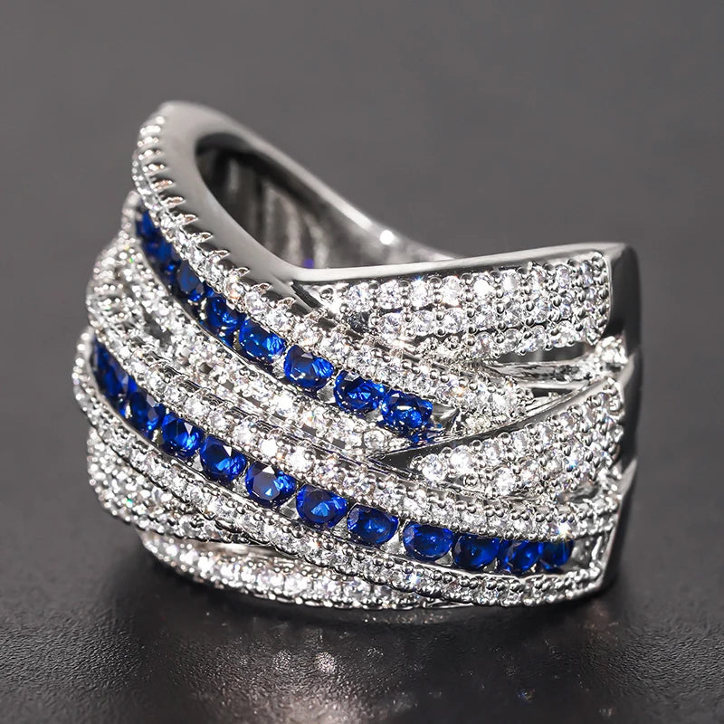 Huitan Cross Women Ring Inlaid Blue/White Cubic Zirconia Elegant Wedding Party Accessories Luxury Daily Versatile Trendy Jewelry