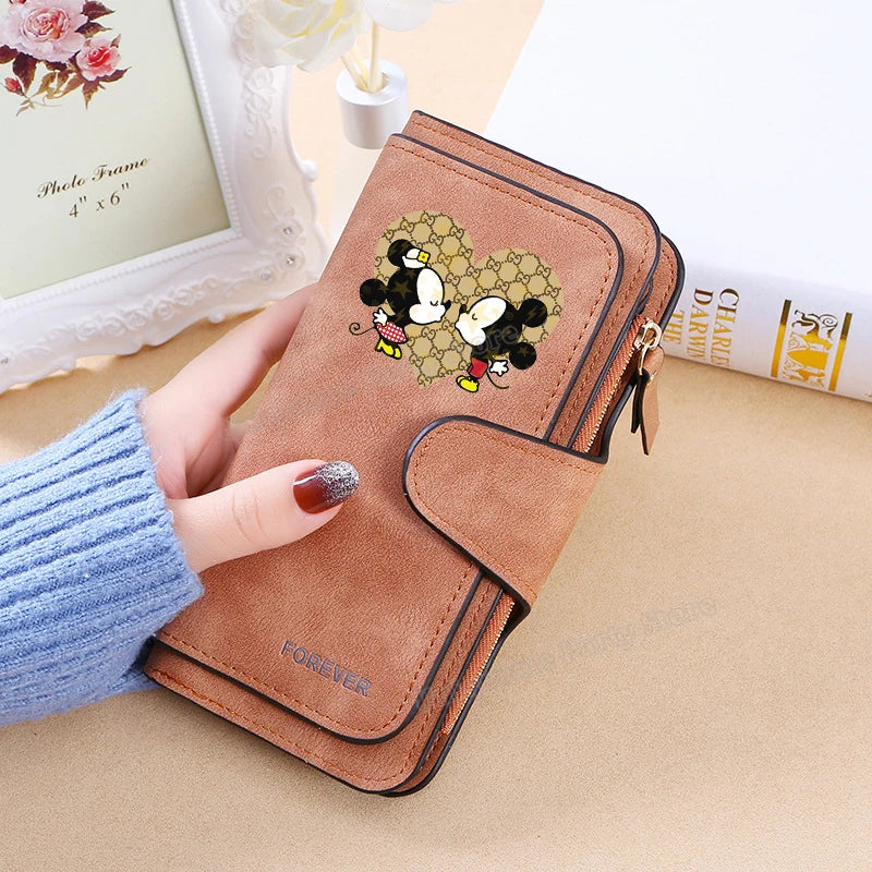 Mickey Minnie Mouse Pu Leather Wallet Women Zipper Frosted Coin Purse Ladies Credit ID Card Holder Disney Versatile Long Wallet