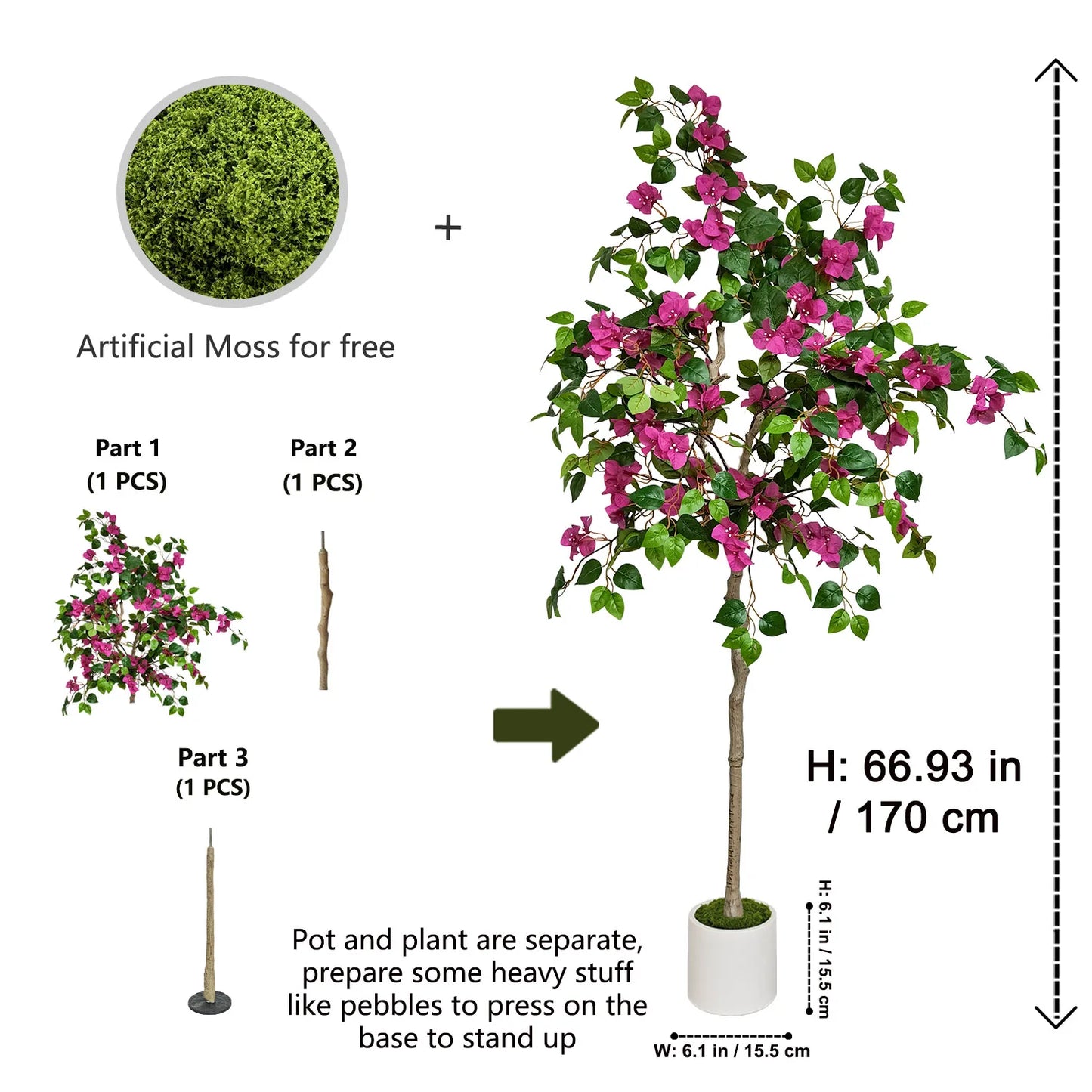 Tejesa 135-170CM Artificial plum blossom Tree Branch with Plastic Pot Indoor Home ornament Fake Plant for wedding home room decor